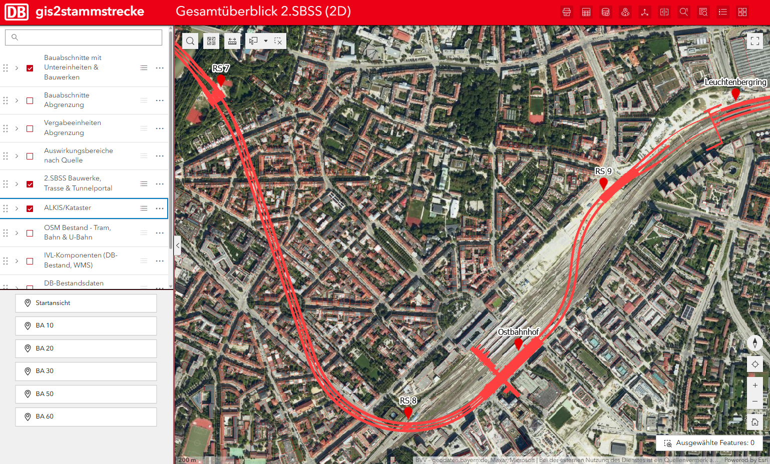 Ausschnitt aus dem Geoinformationnssystem  mit auswählbaren Kategorien links im Bild zeigt Streckenabschnitt in rot ab dem Leuchtbergring