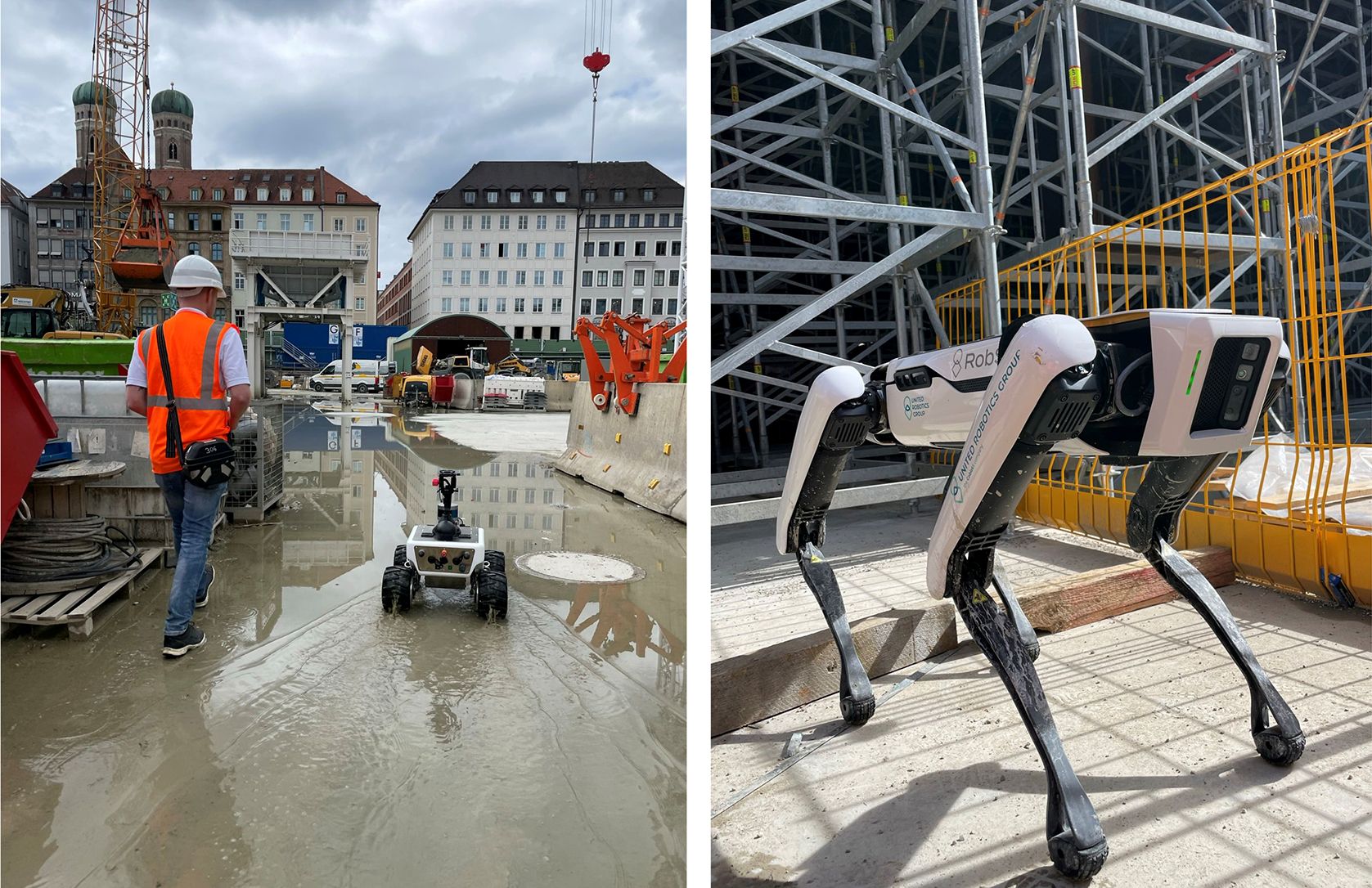 links: Mann in Schutzbekleidung auf nasser Baustelle steuert per Fernbedienung kleinen Roboter auf vier Räder, rechts Roboter auf vier Beinen