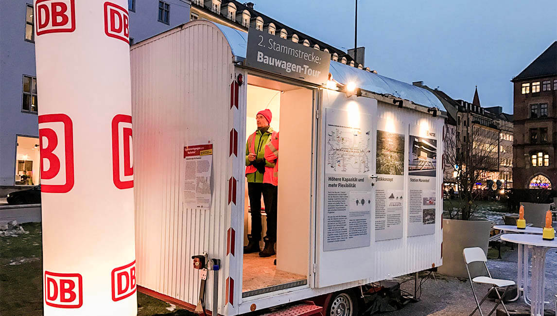Der DB-Bauwagen für die Info-Tour.